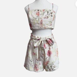 NWT CAROLINE CONSTAS FLORAL LINEN BLEND CROP TOP BAGGY SHORTS COORD SET - S